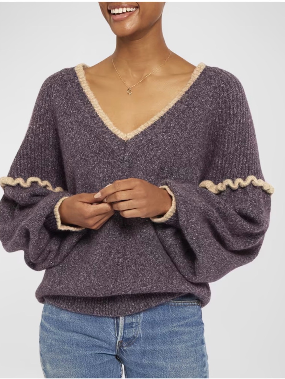 Joie Bodie V-Neck Sweater Women SZ L Black Plum Purple Ruffled Cotton Blend NWOT